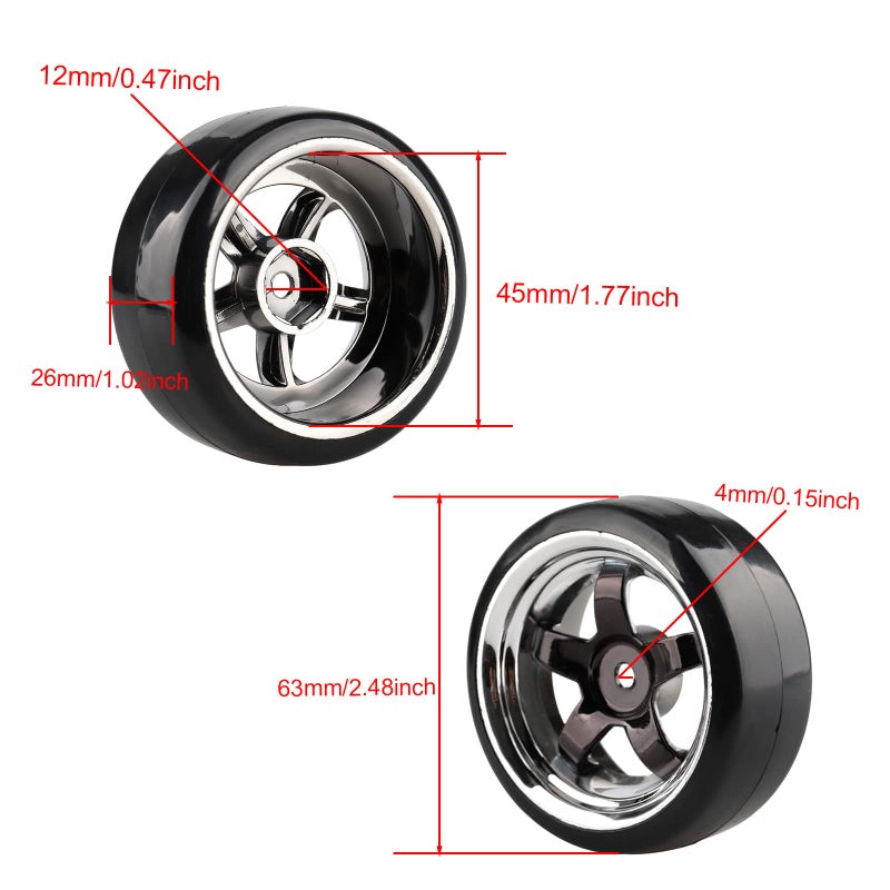 Shaluoman Plating 5-Spoke 12mm Hub Wheel Rims with Hard Plastic Tires for RC 1:10 Drift Car Color Black, 1/10 RC Tires and Wheels for 1/10 Redcat HSP HPI RC Drift Cars - Image 5